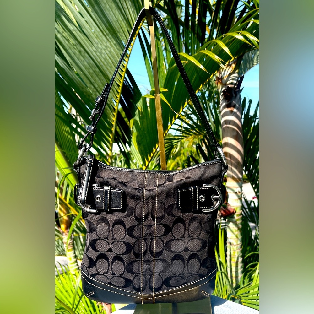 Coach Leather & Canvas Monogram Shoulder Bag Black & Brown